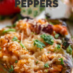 Close-up shot of some vegan stuffed peppers with the words vegan stuffed peppers