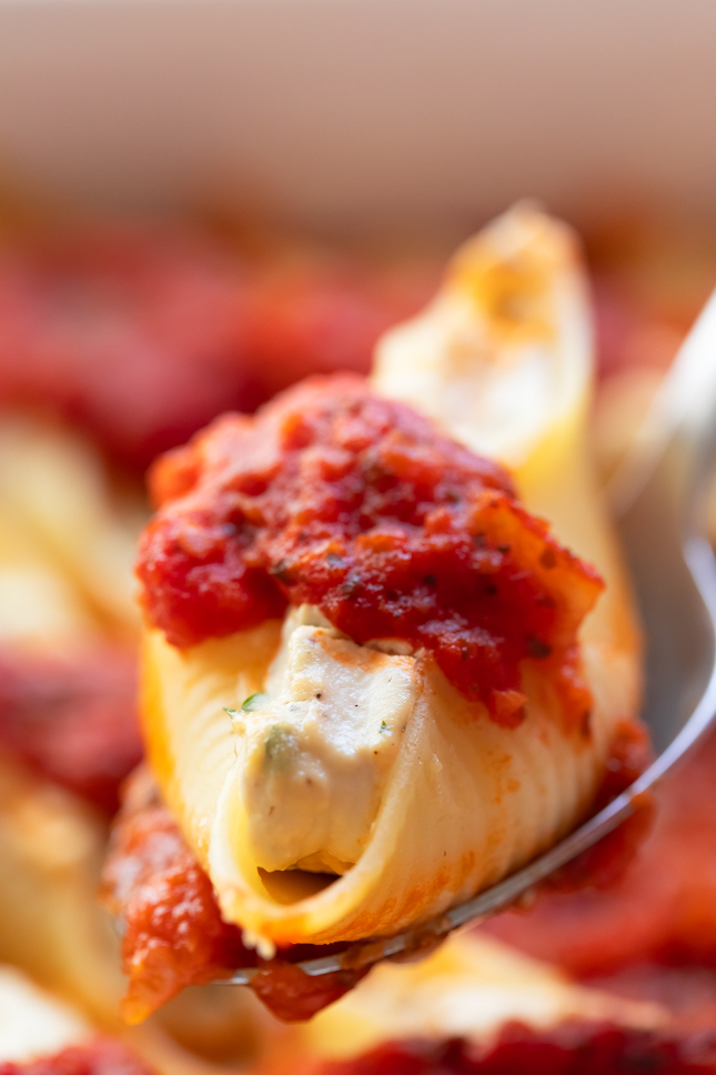 Close-up photo of a vegan stuffed shell