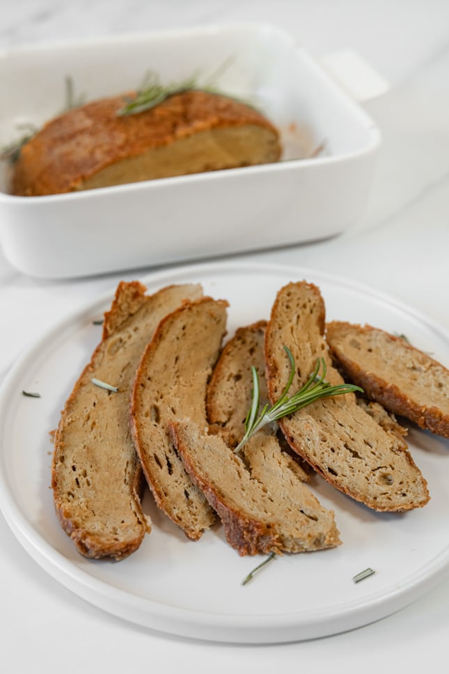 Photo of some slices of vegan turkey on a plate
