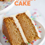 Photo of a piece of vegan vanilla cake with the words vegan vanilla cake
