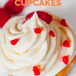 Photo of a vegan vanilla cupcake with the words vegan vanilla cupcakes